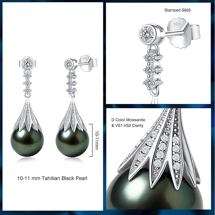 Genunie Tahitian Black Pearl Earrings, 9-11mm AAAA Natural Ocean-Grown Pearls with Sterling Silver Moissanite Earring, Anniversary Wedding Birthday Christmas Gift for Wife Mom Daughter, Women Jewelry