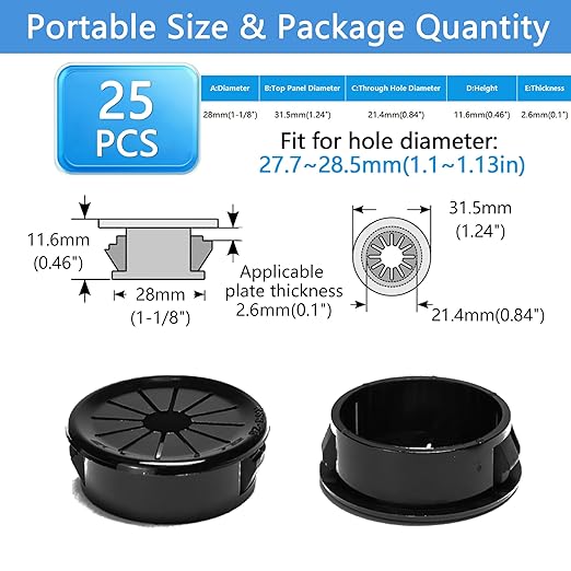 25 Pcs Cable Grommet, Snap Bushing 1-1/8" (28 mm) Mounting Diameter, Flexible Petal-Shaped Buckle Round Nylon Desk Grommet for Wires Through Countertop Cord Organizer and Protection, Black