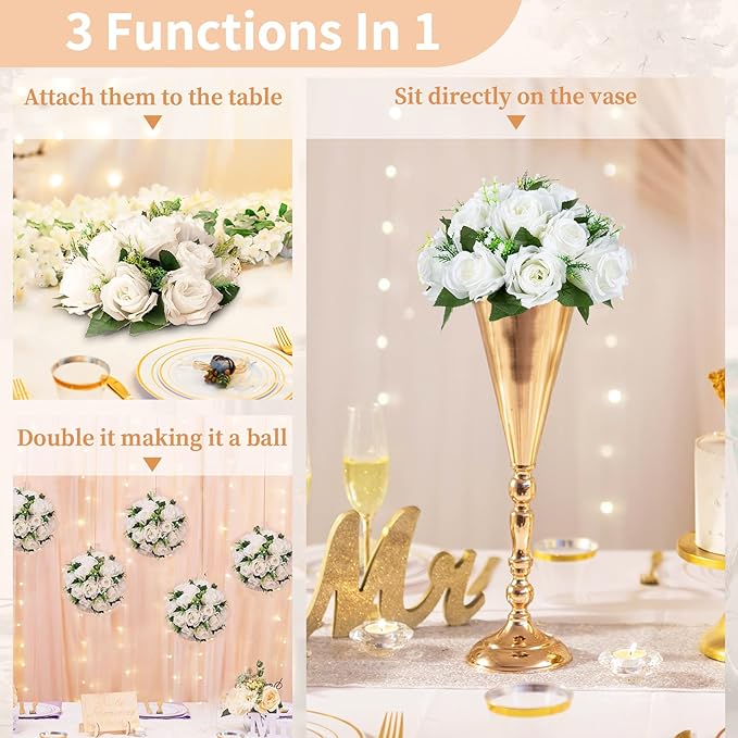 NUPTIO Pcs of 6 Fake Flower Ball Arrangement Bouquet,15 Heads Plastic Roses with Base, Suitable for Our Store's Wedding Centerpiece Flower Rack for Parties Valentine's Day Home Décor (Pure White)