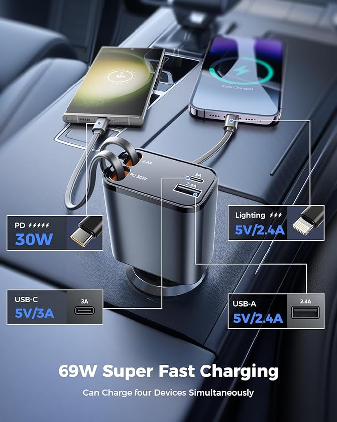 [2024 Upgraded] 4 in 1 Retractable Car Charger, SUPERONE Smaller Fast Car Phone Charger 69W with Cord, USB C and iPhone Car Charger Adapter, Compatible iPhone 15/15 Pro Max/14/13/12/11, Sumsung
