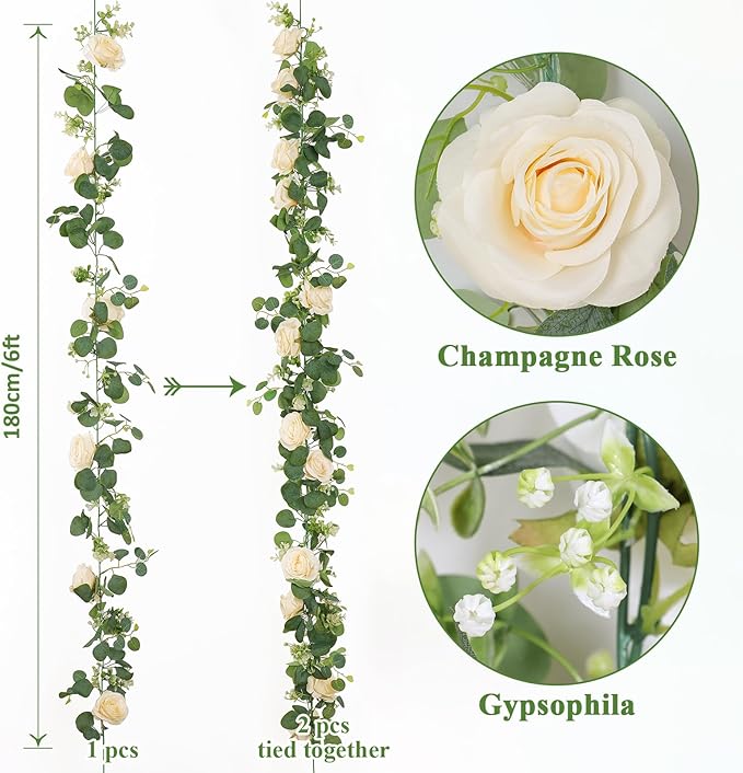 TOCHGREEN 4Pcs(26 Ft) Artificial Eucalyptus Flower Garland with Champagne Rose Flowers,Faux Rose Vine Gypsophila,Floral Greenery for Party Wedding Table Decor (Champagne, 4PCS)