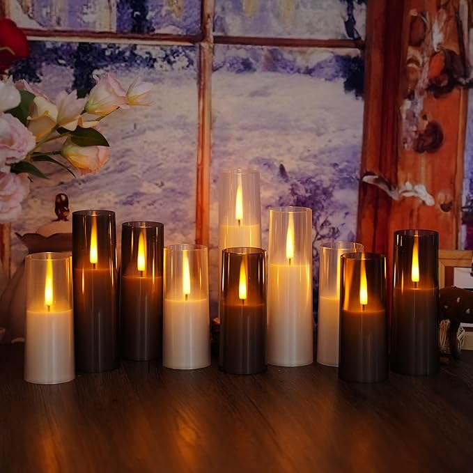 Flameless LED Candles, Upgraded Realistic 9 Pcs Flickering Flame Pillar Candles, Battery Operated Candles with Remote Timer, for Romantic Ambiance and Home Decoration (White)