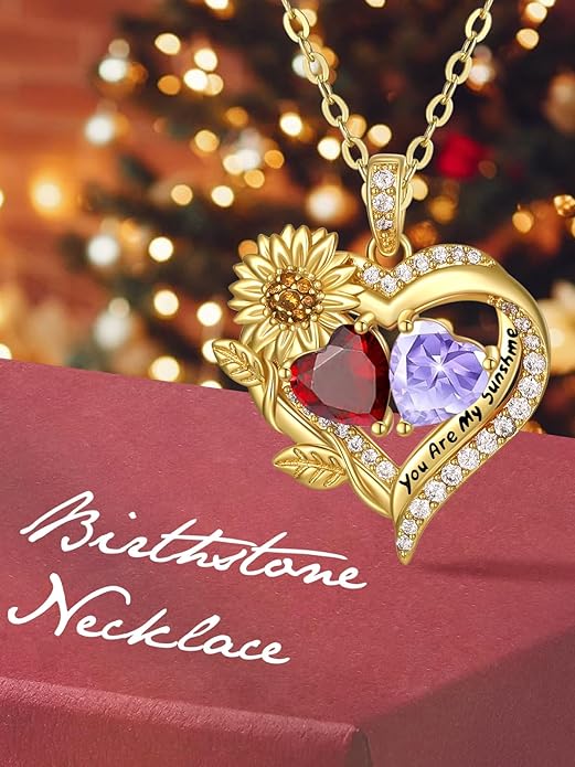 Sunflower Heart Necklace for Women 14K Gold Exquisite Valentines Day Anniversary Birthday Gifts for Wife Mother Her Double Birthstone Pendant Jewelry‘You Are My Sunshine’
