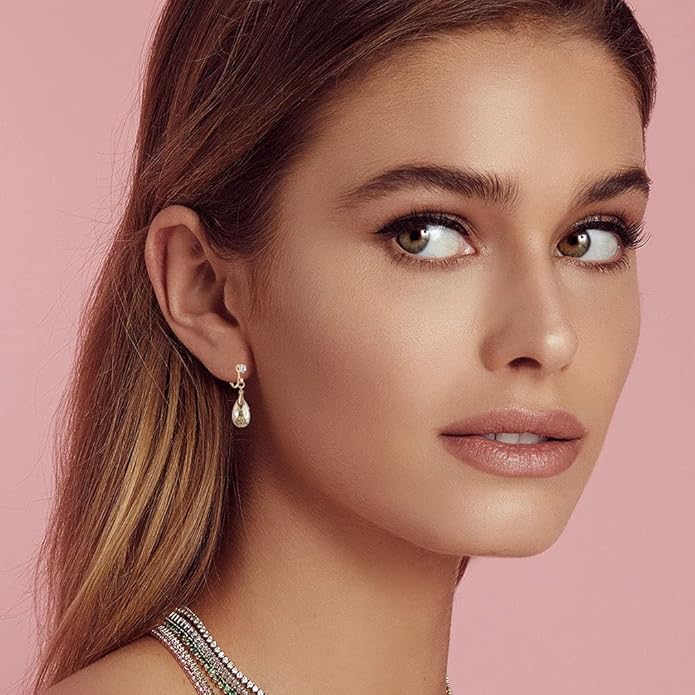 Teardrop Austrian Crystal Drop Clip On Dangle Earrings for Women Non Pierced 14K Rose Gold Plated Hypoallergenic Jewelry