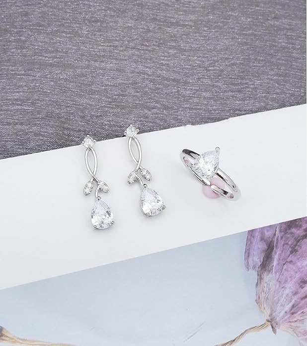 4-Piece Wedding Jewelry Set for Women Platinum Plated Cubic Zirconia Teardrop Necklace Earrings Bracelet Adjustable Ring Bridal Bridesmaid Prom Accessories with Gift Box