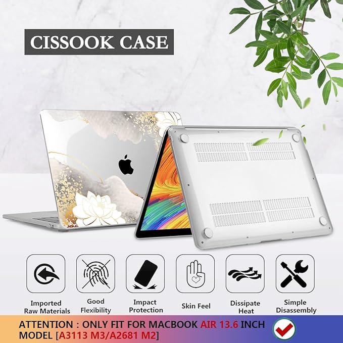 CISSOOK for MacBook Air 13.6 inch Case 2025 2024 2023 2022 Release Model M3 A3113 M2 A2681, Lotus Hard Shell Case Keyboard Cover for MacBook Air 13 M2 M3 M4 Chip, Charming Painting