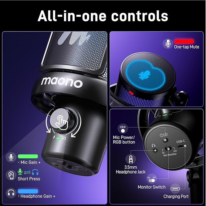 MAONO Wireless Microphone for PC,Gaming Streaming Condenser Mic with Software AI Voice Change,3-Level Noise Cancellation,Custom EQ,Gain Control USB Mic for Podcast Recording (DM40-Black)