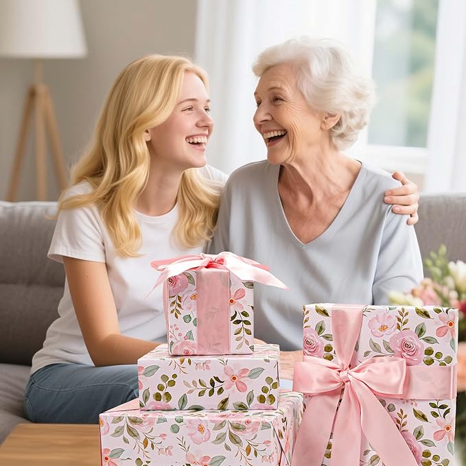 BIOBROWN Reversible Floral Wrapping Paper Roll - 17 Inches X 33 Feet (47 sq. ft. ttl.) Pink Watercolor Roses Design Flower Gift Wrap for Wedding, Bridal Shower, Mother's Day