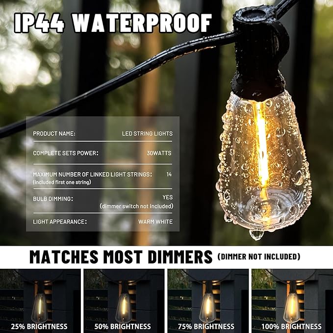 100+10FT LED Outdoor String Lights, Patio Deck Lights with 50+4 Shatterproof ST38 Edison Bulbs, Dimmable Warm White Waterproof Outside Hanging Lights Connectable for Backyard Porch Garden