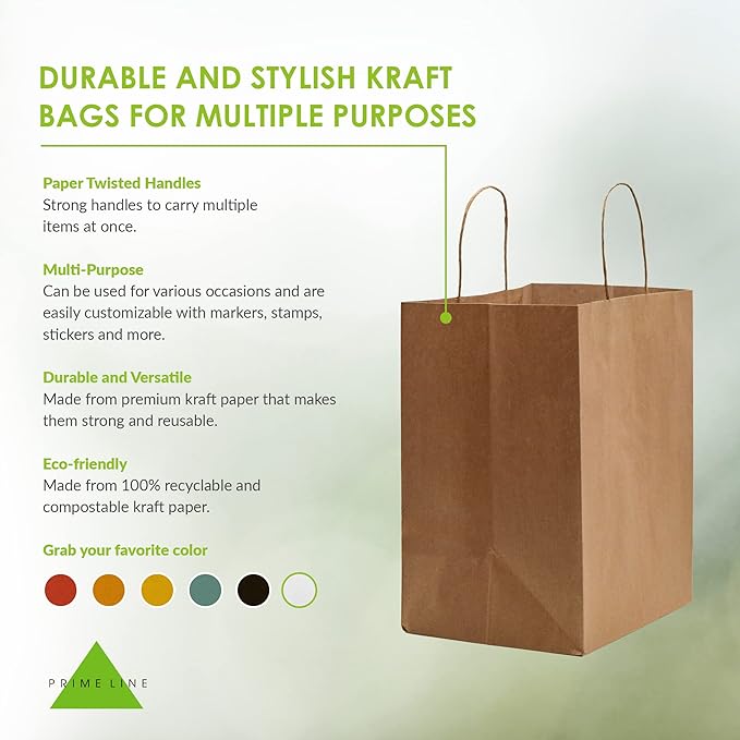 Prime Line Packaging Brown Paper Bags, Medium Shopping Bags with Handles for Small Business, To Go Food, Grocery, Retail, Party Favors, 10x6.75x12, 100 Pack