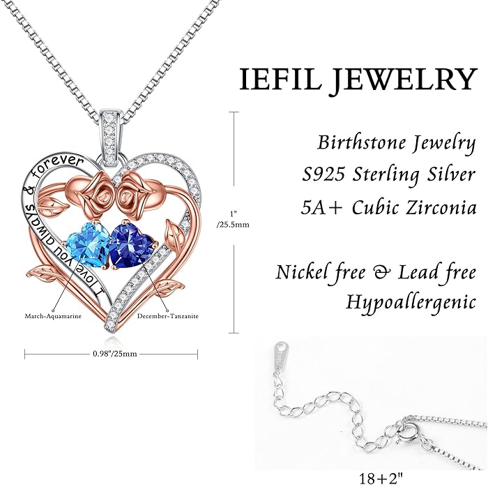 Iefil Valentines Gifts for Her Wife Women - Rose Heart Double Birthstone Necklace Gift for Wife Girlfriend Her Women, Birthstone Jewelry Gemstone Birthday Gifts for Mom Grandma Her