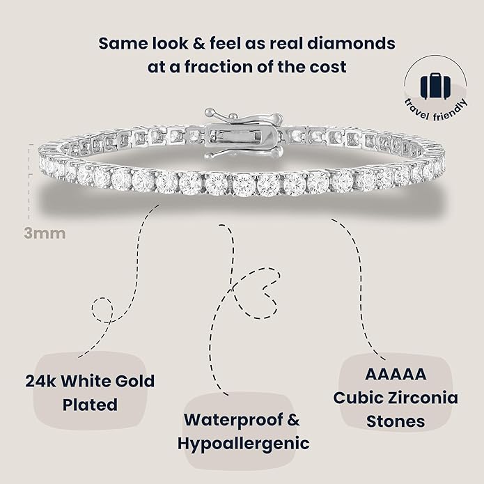 KISPER Tennis Bracelet for Women - 24K White Gold or Gold Plated Round Cut AAAAA CZ, 3mm/4mm Width, Elegant Jewelry Gift, 6.5/7/7.5 Inch