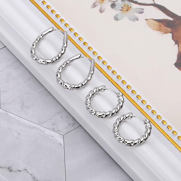 Wgoud Chunky Hoop Earrings Set 14K Gold Plated Hoop Earrings for Women Hypoallergenic, Thick Twisted Huggie Hoops Earring Set