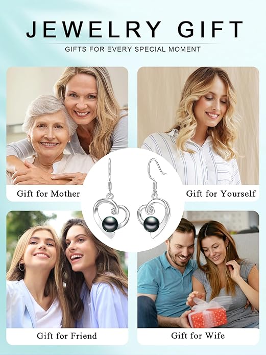 Tahitian Black Pearl Earrings Gifts for Women Wife Celtic Dangle Drop Earrings Wedding Birthday Anniversary Jewelry Valentines Christmas Day Gifts 925 Sterling Silver
