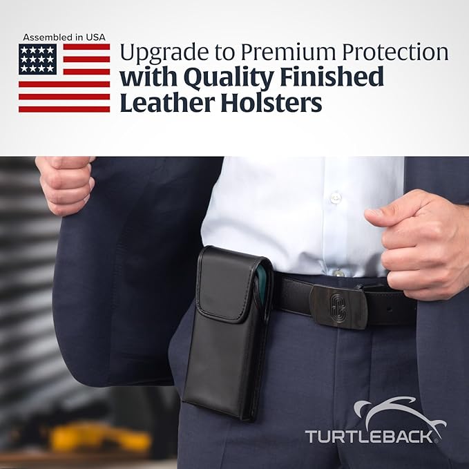 Turtleback Belt Clip for iPhone 16 Pro, 16e, 15 pro 14 Pro 13 Pro -Medium- Fits w/Shockproof Commuter Style Cases, Premium Black Leather, Vertical Belt Holder, Magnetic Closure HD Rotating Clip