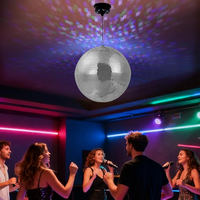 16" Disco Ball with Motor Hanging Disco Ball with Light 18 LEDs 5-6 RPM Spinning Disco Balls Light for Party DJ Bands Dance Club Bar