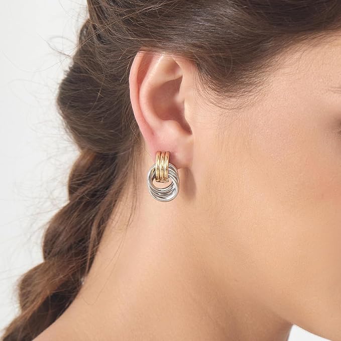 Knot Link Earrings Chunky, Circle Drop Dangle Statement Studs for Women, Silver and Yellow