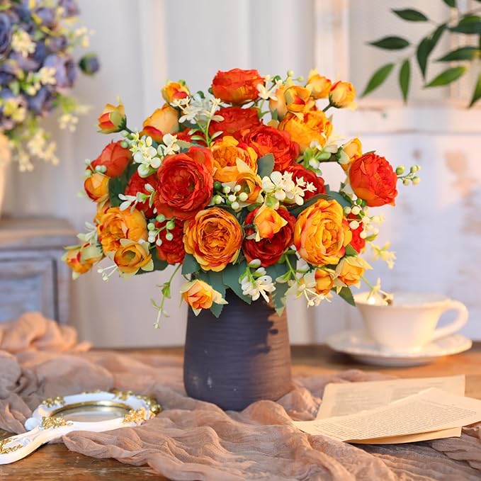 Floweroyal 4 Bunches Peony Artificial Flowers Orange Yellow Flowers Silk Peonies Bouquets for Wedding Party Table Centerpieces Floral Arrangement Home Kitchen Decor