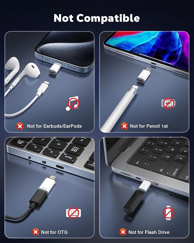 MoKo Lightning to USB C Adapter 4 Pack for iPhone 17 Air 16 16e 15 Pro Max Plus, iPad, Galaxy - NOT for Earphones/Microphone/Flash Drive/iPencil, USB-C to Lightning Adapter ONLY for Charging/Data Sync