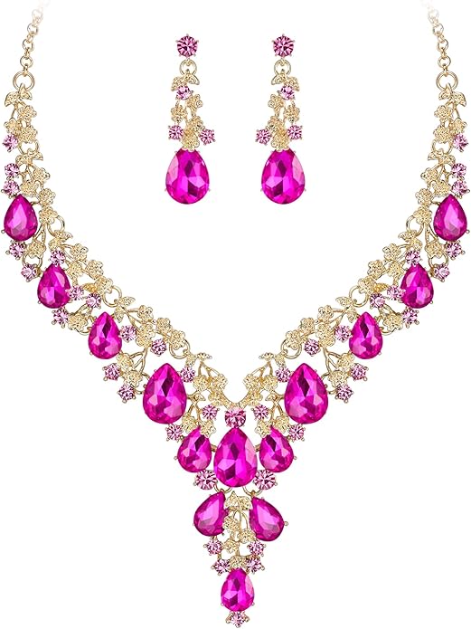 BriLove Women's Wedding Bridal Austrian Crystal Teardrop Flower Cluster Statement Necklace Dangle Earrings Jewelry Set for Party Prom