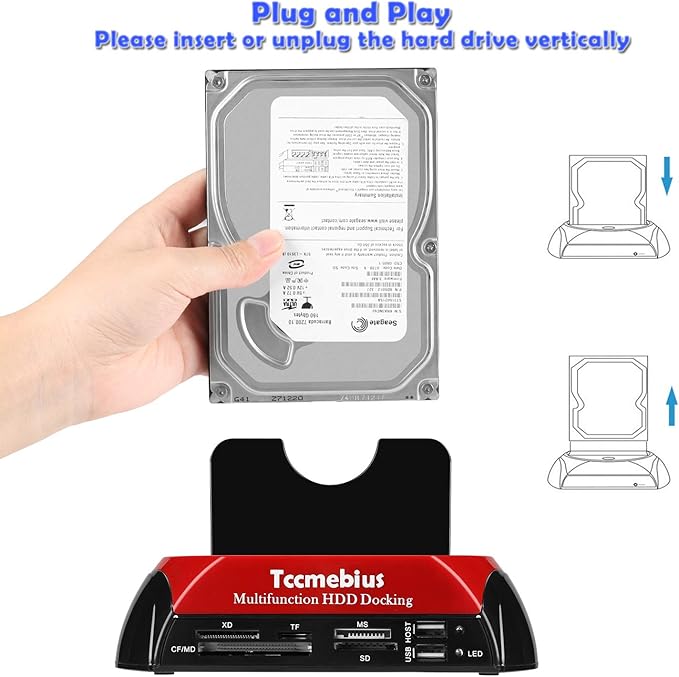 Hard Drive Docking Station, TCC-S862-US USB 2.0 to 2.5 3.5 Inch SATA IDE Dual Slots External Enclosure with All in 1 Card Reader and USB 2.0 Hub for 2.5" 3.5" IDE SATA I/II/III HDD SSD
