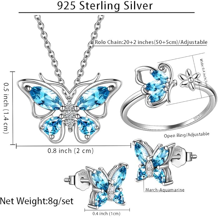 925 Sterling Silver Birthstone Butterfly Jewelry Women Crystal Animal Cute Butterflies Birthday Necklace/Earring/Ring/Bracelet Sets Birth Stone Statement Anniversary Jewellery