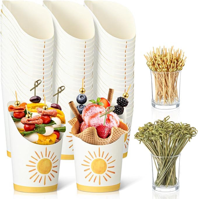 Tioncy 250 Pcs Charcuterie Cups with Cocktail Picks Sets, Bridal Shower Decoration 50 Charcuterie Cups with 200 Sticks for Wedding Baby Shower Floral Boho Witch Party Decorations(Orange,Boho Sun)