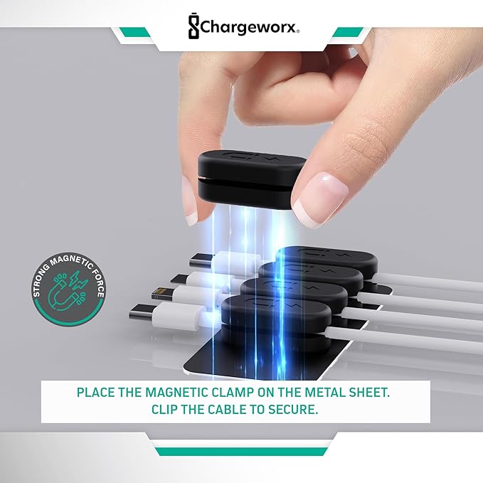 ChargeWorx Pack of 5 Magnetic Cable Clips, Cord Organizer for Office Desk, Nightstand, Car, or Wall, Adhesive Wire Holder for USB-C, Micro-USB, and Lightning Cables, Magnet Clips for Cable Management
