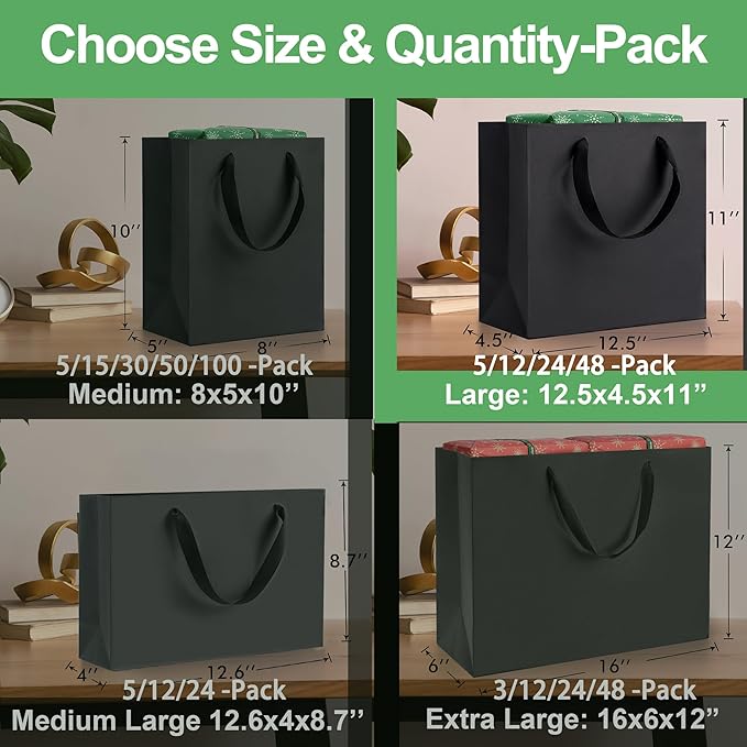 MOXARYSU Large Black Gift Bags: 12.5x4.5x11 Inch 5pcs Paper Bags Bulk For Party Shopping Birthday Wedding (L,5)