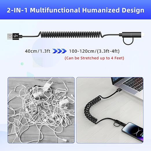 USB to USB-C and Lightning Cable Combo 2 in 1 Coiled Cable Support Apple Carplay & Android Auto [MFi & 3A Fast Charge & Data Sync] Coiled Lightning and USB C Cable for iPhone 17/16/15/14/13/12/Android