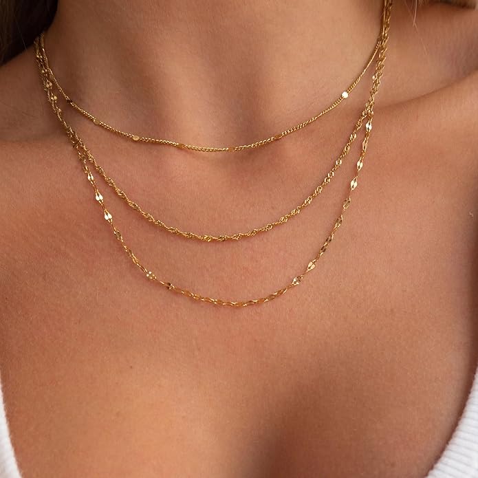 Gold Layered Necklaces for Women, 14K Gold Plated Dainty Gold Chain Choker Necklace Stack, Herringbone Gold Necklaces Set
