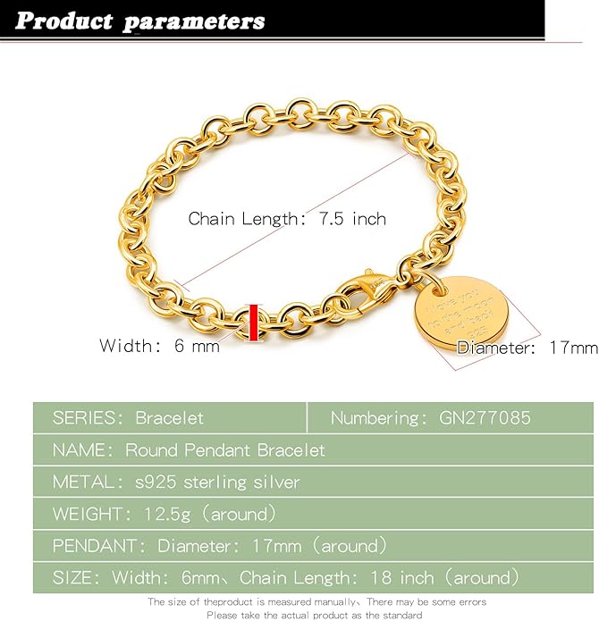 Dankadi Women 925 Sterling Silver Round Cable Wire Link Bracelet Charm Heart-Bell-Square-Circle Pendant Chain Bangle Fine Jewelry Gift For Wife Her