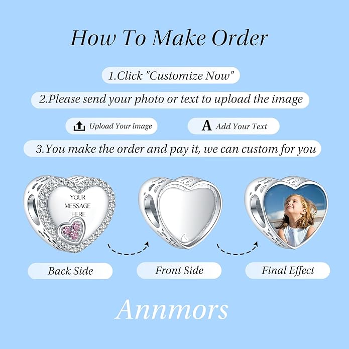Annmors Personalized Photo Charm for Bracelet Necklaces,925 Sterling Silver Charm Love Heart Shaped Engraved Customize Picture Gift for Birthday Mother's Day Christmas,Bead Charms Jewelry for Women