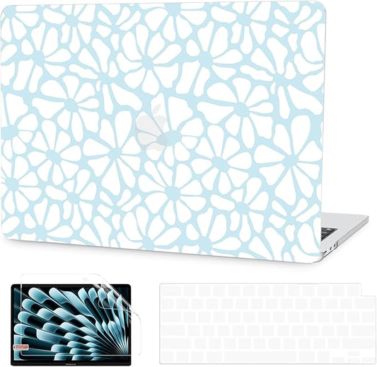 G JGOO Compatible with MacBook Air 13 inch Case 2025 2024 2023 2022 M4 A3240 M3 A3113 M2 A2681, Plastic Hard Shell for MacBook Air 13.6 inch Case + Keyboard Cover + Screen Protector, Blue Flower