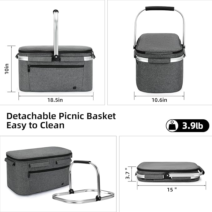 ALLCAMP Picnic Basket - 32L Insulated Cooler, Thickening Foldable Picnic Basket with Removable Baskets & Sewn-in Frame, Basket for House Warming Gifts New Home(Gray)