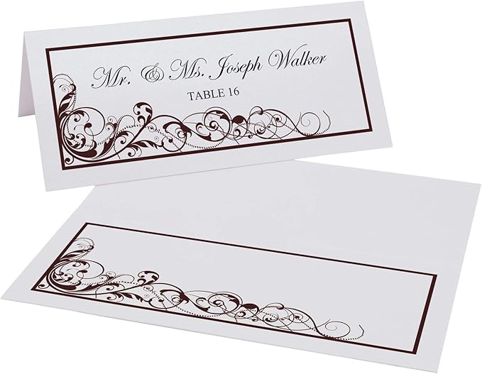 Scribble Vintage Swirl Printable Place Cards, Chocolate (Choose Color), Set of 150 (25 Sheets), Laser & Inkjet Printers - Wedding, Party, Dinner, and Special Events