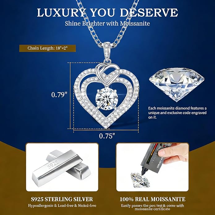 Gorgeous Moissanite Necklaces for Women - Valentine's Day Gifts for Wife Girlfriend, 925 Sterling Silver 1-3CT Moissanite Pendant Jewelry, Wedding Anniversary Birthday Christmas for Mom