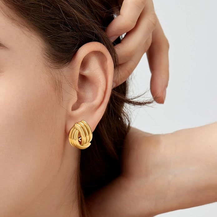 EVEYE Trendy 18k Gold Plated Knot Earrings for Women Drop Dangle Statement Earrings Chunky Knot Link Circle Statement Drop Dangle Earrings Studs Textured Metal Stud Hypoallergenic Jewelry Gifts