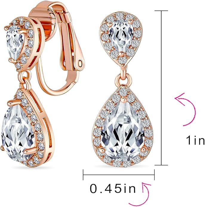 Vintage Style Bridal Cubic Zirconia Simulated Gemstone AAA CZ Halo Dangle Teardrop Chandelier Clip On Earrings For Women Silver Rose Gold Plated in Black Purple Blue Red Rose Pink Green Clear