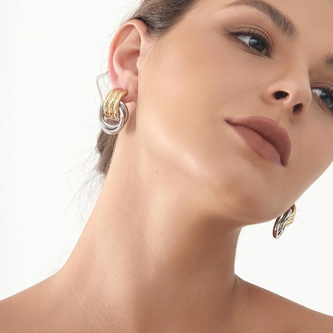 Circle Knot Link Earrings for Women, Silver and Yellow Drop Dangle Geometric Knot Studs, Women's Jewelry L Size