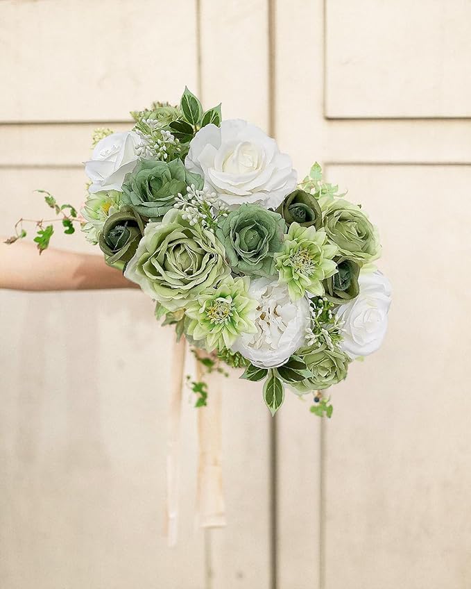 Rose Artificial Flowers White Fake Flower Bulk for DIY Wedding Bouquet Bridal Baby Shower Decorations Party Table Centerpieces Cake Decorating Silk Floral Arrangement Home Decor Indoor Green