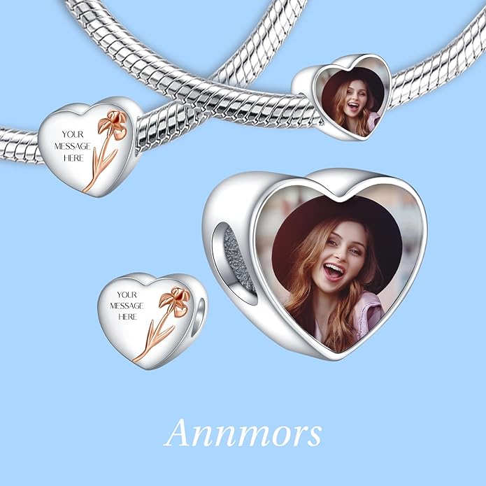 Annmors Personalized Photo Charm for Bracelet Necklaces,925 Sterling Silver Charm Love Heart Shaped Engraved Customize Picture Gift for Birthday Mother's Day Christmas,Bead Charms Jewelry for Women