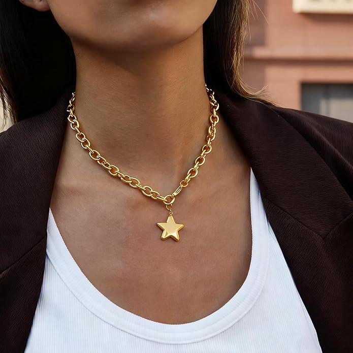 Large Star Necklace Chunky Gold Necklace for Women Trendy Silver Big Statement Necklaces Bold Thick Paperclip Necklaces OT Toggle Chunky Jewelry Holiday Christmas Jewelry Gifts Stocking Stuffers