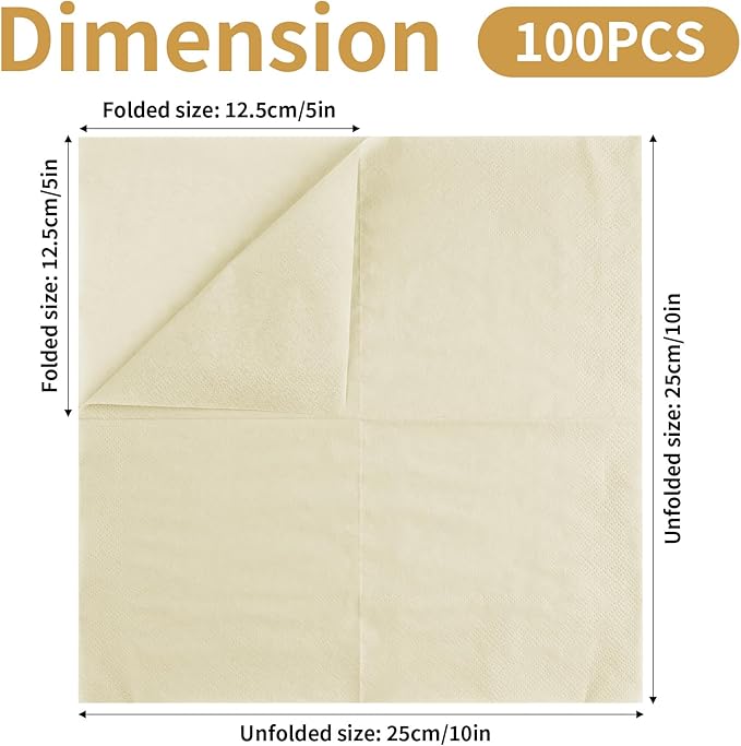 100 Pack Cocktail Napkins Disposable, 2-Ply 5" x 5" Party Napkins, Square Beverage Dinner Napkin for Wedding Birthday Party Anniversary Reception Bar Event (Ivory)