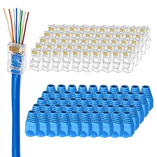 UTP RJ45 Connectors, Cat6 RJ45 Pass Through Plugs 50-Pack, Cat6 RJ45 Plugs with 50-Pack Strain Relief Boots for Solid or Standard Ethernet Cables, Transparent