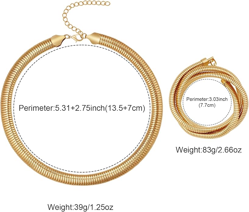 YBMYCM Chunky Gold-plated Silver Jewelry Set Multi Strands Stainless Steel Choker Necklace Bracelet Set for Women