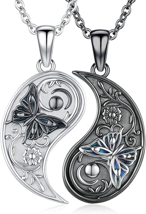 MEDWISE Butterfly Flower Yin Yang Necklace Double S925 Sterling Silver Sun Moon Pendant Partner Friendship Couples BFF Pendant Necklace Yin Yang Jewelry Matching Set for Her Women