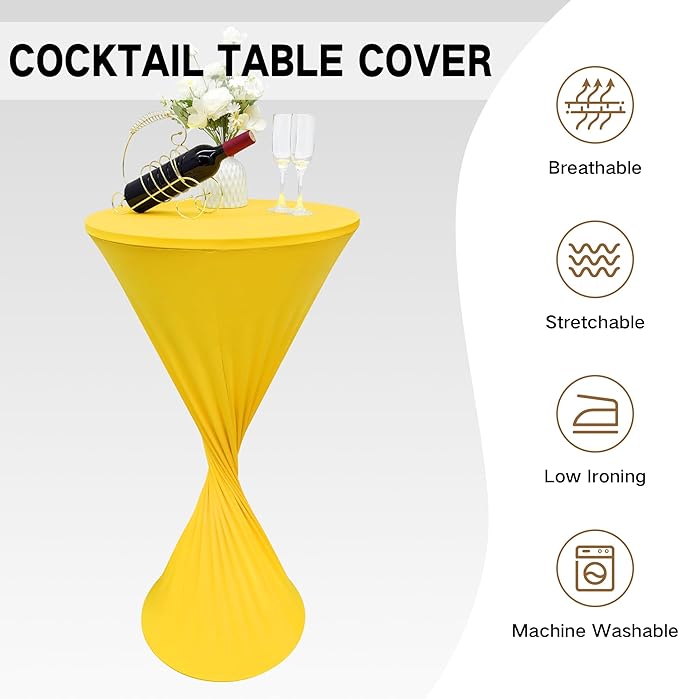 2PCS 24x43 Inch Round Fitted Cocktail Table Cover Yellow Spandex Cocktail Table Cloth Highboy Fitted Tablecloth High Top Table Cloths for Party Pub Banquet Bistro