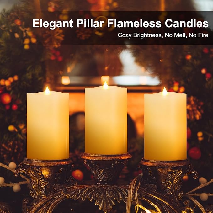 3PCS, 3 x 5 inches Flameless Candle with Remote Control, 3D Flickering Wick, Real Wax, Battery Candles,with Timer,Battery Powered Candles,for Holiday Home Decor,Ivory