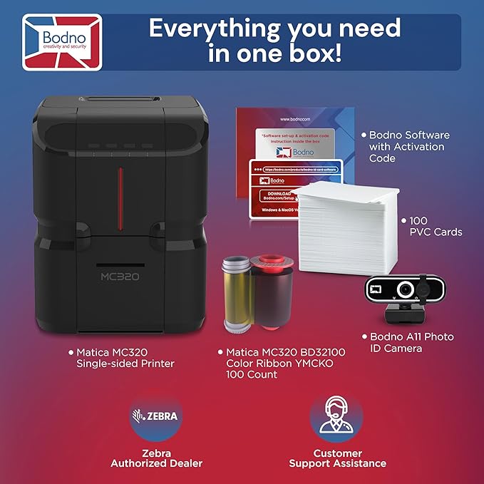 Bodno Matica MC320 Direct-to-Card Single Sided ID Card Printer & Complete Supplies Package Bronze Edition ID Software